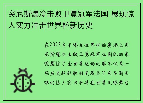 突尼斯爆冷击败卫冕冠军法国 展现惊人实力冲击世界杯新历史 突尼斯爆冷击败卫冕冠军法国 展现惊人实力冲击世界杯新历史